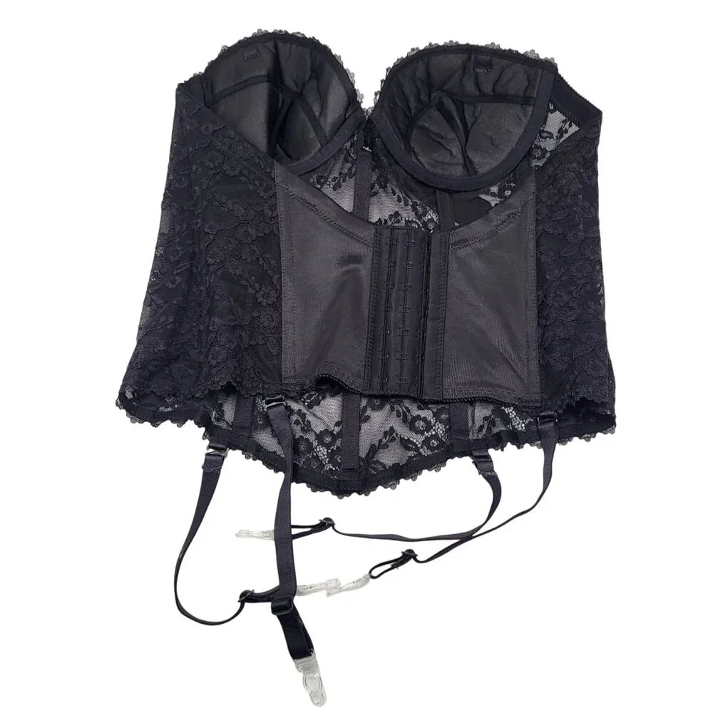 VA BIEN Womens 38B Black Lace Bustier with garters Low Back Sexy Boudoir Goth - Picture 2 of 8
